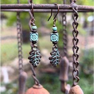 Handmade antique brass & aqua blue patina beaded earrings, copper ear wires